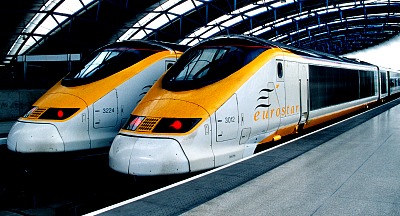 Eurostar London to Paris trains at the station waiting to leave.