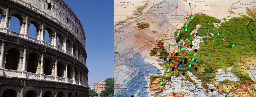 See Europe with Rail Europe Tickets.
Right: Colosseum, Rome. Left: Map of Europe.