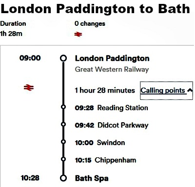 Train stops from London Paddington station to Bath Spa station.