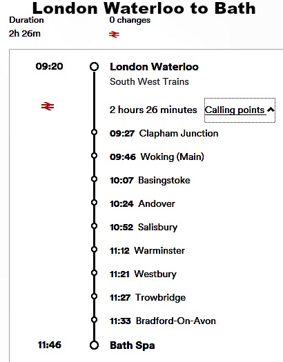 Trains times from London Waterloo station to Bath Spa station