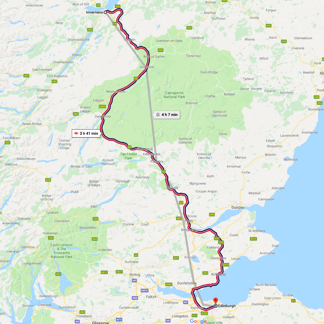 Train route from Inverness to Edinburgh.