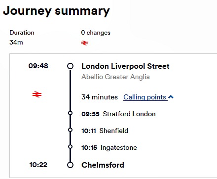 London Liverpool Street Station to Chelmsford by Train. Journey Time and Stops on a slow train.